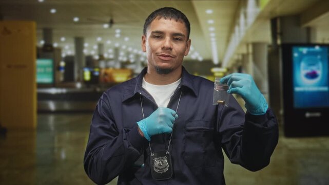 Young man detective holding evidence bag with visible bullet, blue gloved hand touching badge and showing identification in airport terminal; duty.