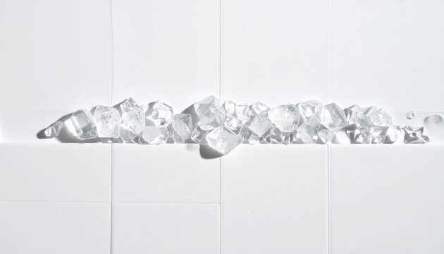 Crystal ice fragments arranged in a line against a white tiled surface, suggesting a cool refreshing sensory experience
