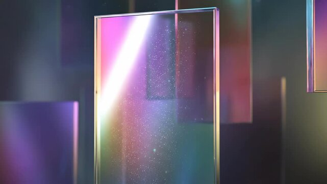 Abstract glass panes floating in dark environment. Modern interior design element with light refraction. Creative geometric technology background for digital art.