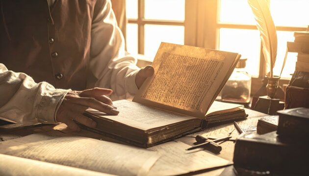 Scholar carefully turns pages of ancient leather-bound codex with sunlight streaming through window