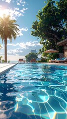 Fototapeta premium Luxurious Tropical Resort Poolside with Palm Trees and Clear Blue Sky.