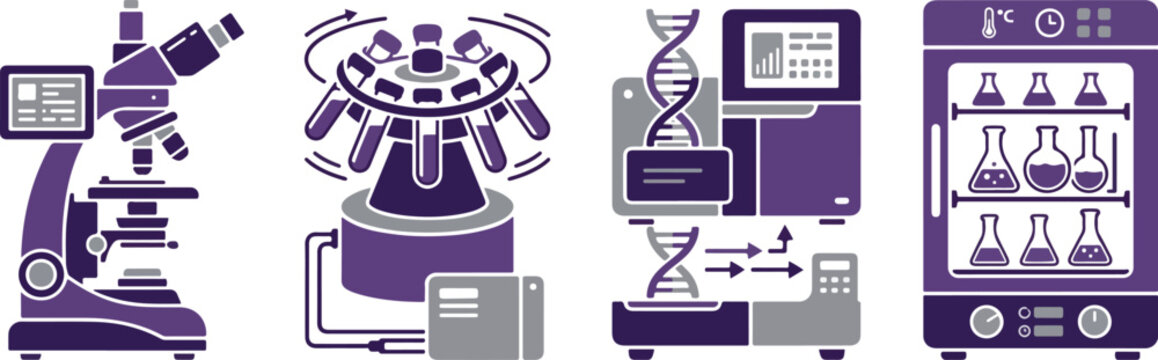 Laboratory equipment set with microscope centrifuge dna sequencer and incubator icons for scientific research.