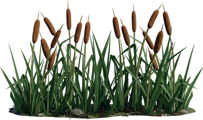 Vector cattail reeds and marsh grass illustration, wetland plants and bulrush vegetation on transparent background © Tanya