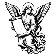 Naklejka premium angel holding blank scroll with wings and halo for divine message religion faith spiritual announcement and sacred fantasy concept