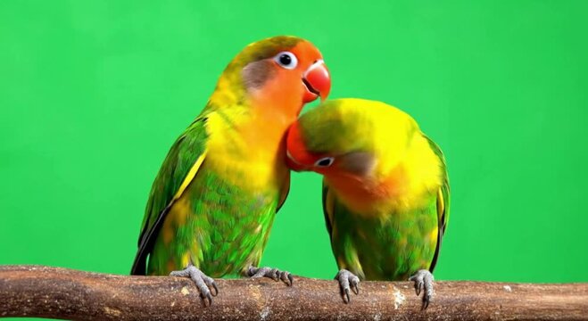 Two vibrant lovebirds with colorful plumage perched on a branch displaying affection against a green screen background symbolizing companionship and tropical wildlife