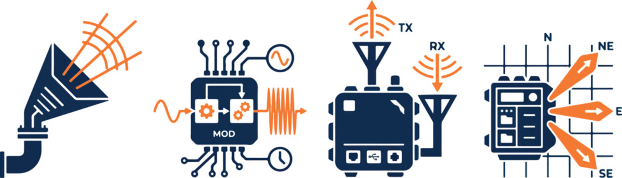 Signal processing and radio frequency transmission equipment showing modulation antenna hardware and navigation.