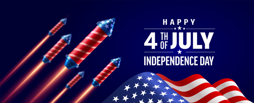 4th of July poster template. USA independence day celebration with Firework rockets and light explosive effect.Fourth of July promotion advertising banner template for Brochures,Poster or Banner.