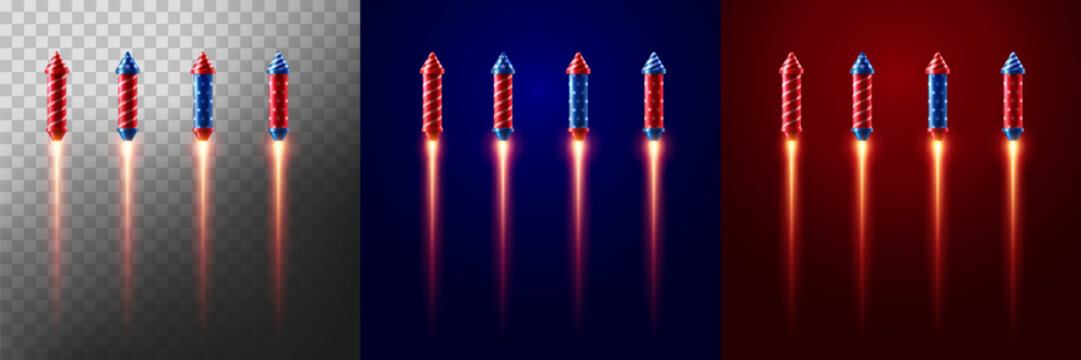 Firework rockets with light explosive effect on transparent,Blue and red background. Vector illustration eps 10