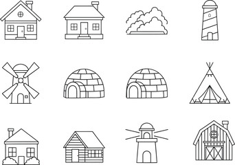 Set of hand drawn sketch icons of various types of houses and buildings for design © Simu Store