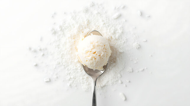 Une seule boule de glace &agrave; la vanille sur une cuill&egrave;re en argent entour&eacute;e de poudre blanche dispers&eacute;e, isol&eacute;e sur fond blanc