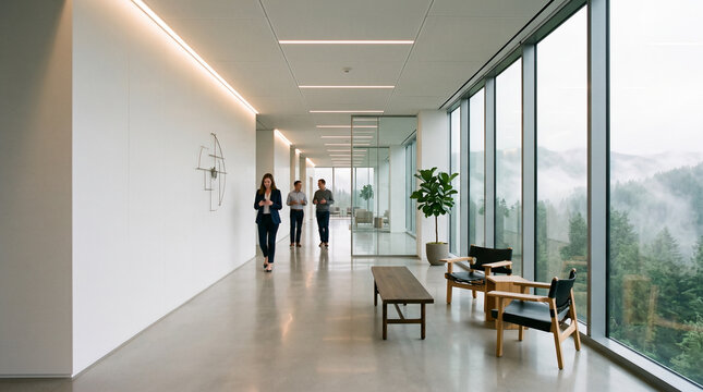 Ultra-modern hallway in tech conglomerate headquarters with seamless white Corian walls and lighting