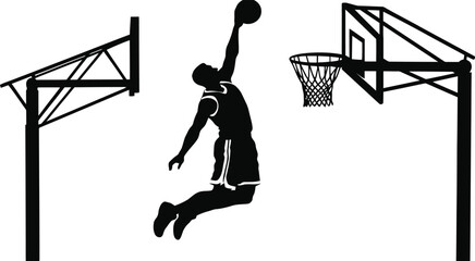 Basketball player silhouette jumping for slam dunk between two hoops vector illustration isolated on white background.   © Itz Rakesh