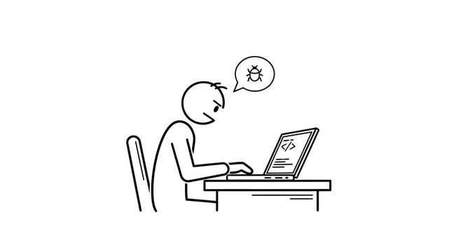 Stick figure person coding on laptop computer, showing a bug while working, problem-solving and development concept, isolated white background.