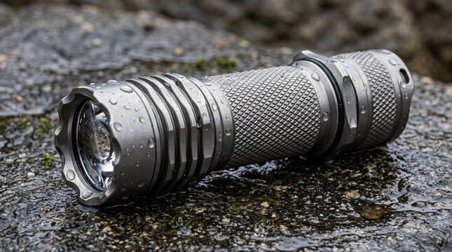 Watertight titanium flashlight body resting on wet granite with precision knurling and droplets close-up