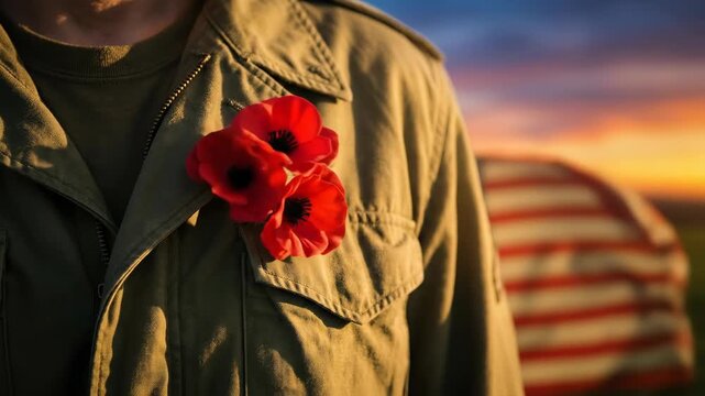Soldier wearing red poppy flower on military jacket. American flag background during sunset. Memorial Day tribute for fallen hero, peace and remembrance concept.