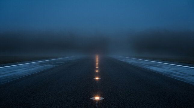 Airport runway centerline lights disappearing into fog on smooth asphalt texture atmospheric