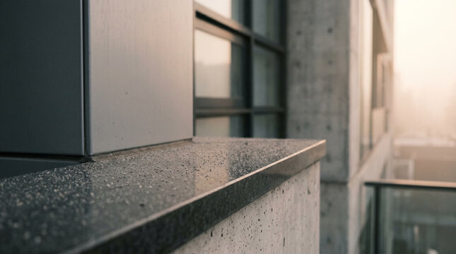 Close study of fine particulate dust settling on sleek modern architectural surfaces with soft light