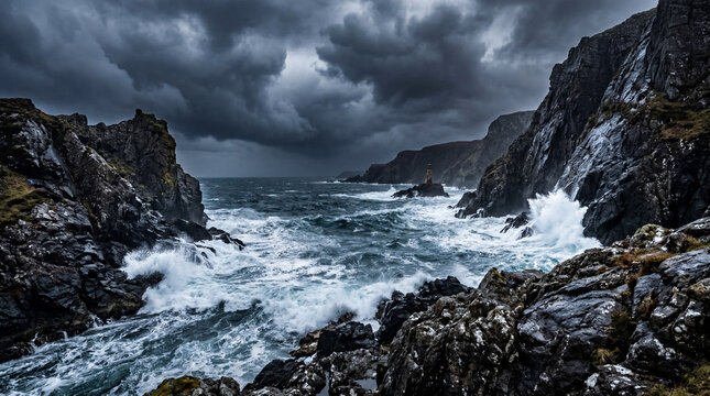 Professional photo of tempest sea strait with dark rolling clouds and luminous waves reflection