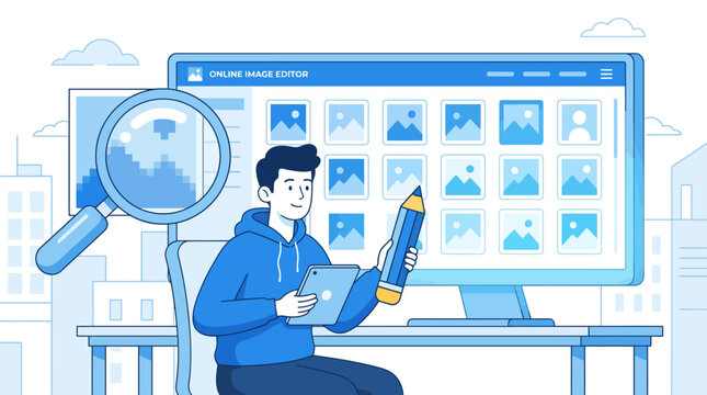 Man working on computer with photo editing software.