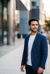 Fototapeta premium Portrait of a Confident Young Man in a Blue Blazer Smiling on a City Street