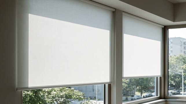 White roller blinds fill the window frame, seen up close.