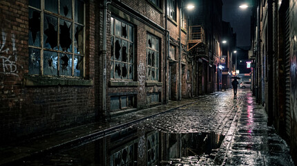 Fototapeta premium Urban backstreet with shattered windows and wet reflections in cinematic professional photographic style