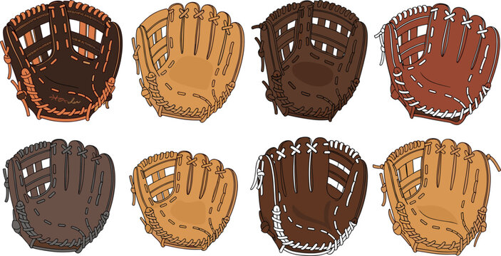 Classic baseball mitts gear collection for sports equipment and professional team training layout
