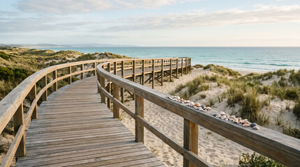 Obraz premium Curved teak boardwalk floating over pristine sand dunes with delicate natural shadows