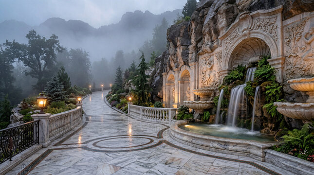 Lavish marble dead-end avenue in a mountain estate with abrupt end captured professionally