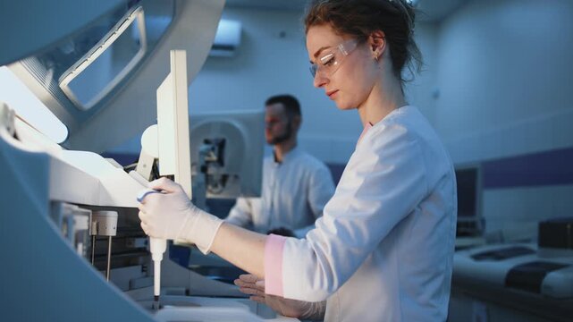 Clinical researchers analyzing infectious disease samples in modern lab setting. Concept virology, biomedical research and diagnostics for hantavirus and coronavirus.
