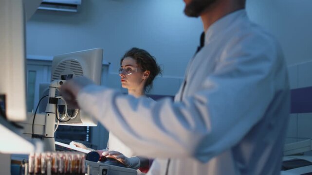 Laboratory staff handling viral samples at high-tech diagnostic workstation. Concept virology science, infectious disease control and modern healthcare systems including coronavirus