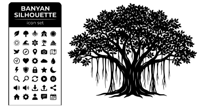 Banyan Tree Silhouette Black White-Aerial Root Canopy-Tropical Tree Vector-Banyan Icon Silhouette-Exotic Tree Nature Set