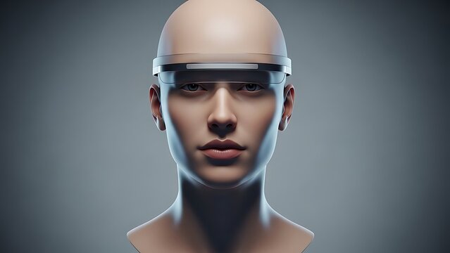 A bald person wearing a futuristic augmented reality visor in this high quality studio photograph captured with soft professional lighting