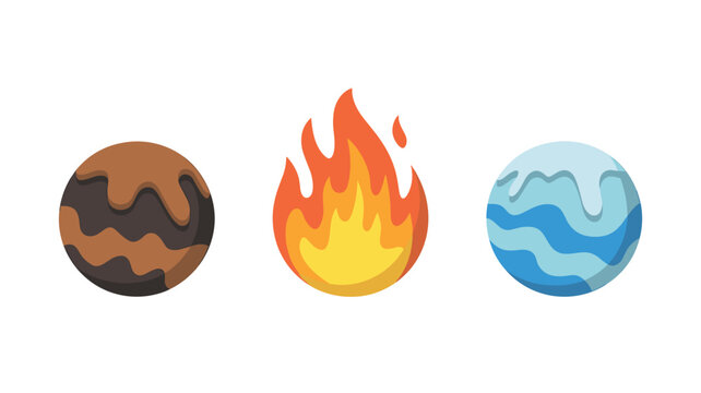 Three distinct spherical icons featuring elemental designs of dark brown earth, vibrant orange dancing fire, and light blue flowing water ripples against a plain white background.