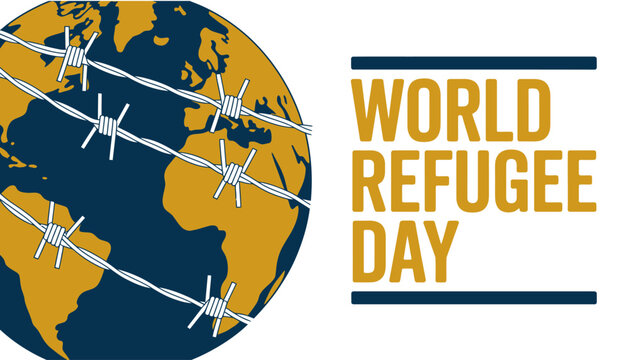 World Refugee Day emblem with globe icon and barbed wire detail for global migration awareness