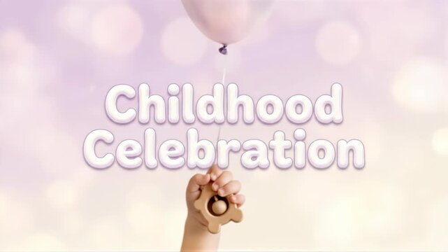 Small hand of baby holding wooden teether tied to floating balloon. Childhood celebration concept with kid toy. Joyful festive event for international children day.