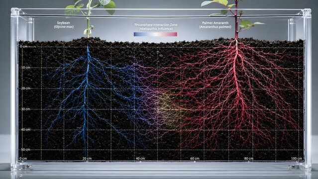 Transparent rhizotron panel showing side-by-side root competition between Palmer amaranth (Amaranthus palmeri) and soybean