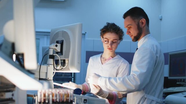 Medical researchers studying viral pathogens in advanced diagnostic lab. Concept virology, biomedical science and infectious disease diagnostics including hantavirus and coronavirus.
