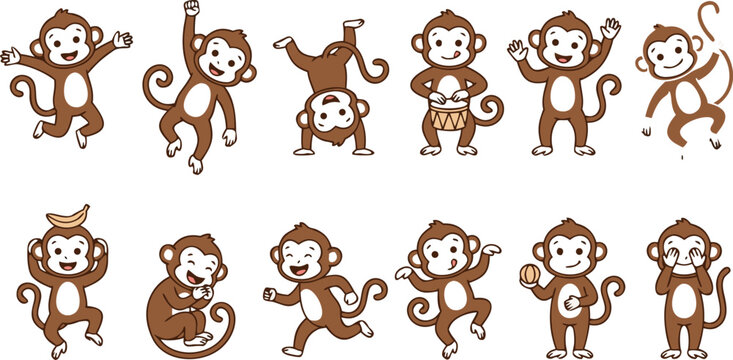 Cute cartoon brown monkey character set in various actions flat vector illustration collection