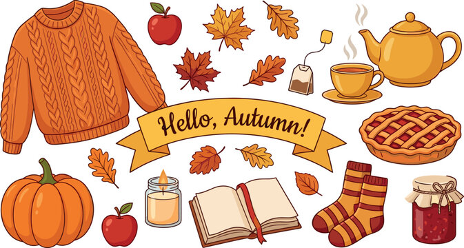 Cozy autumn elements vector illustration set with warm sweater tea pie and pumpkin elements