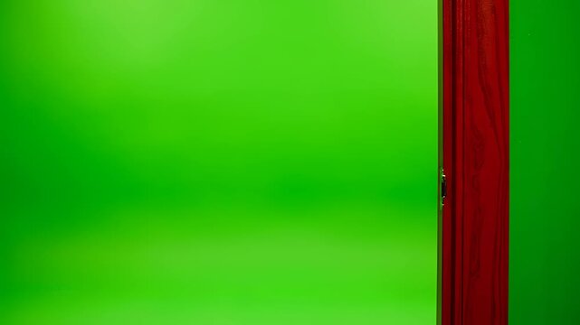 Red Door Opens to Bright Green Screen Background.