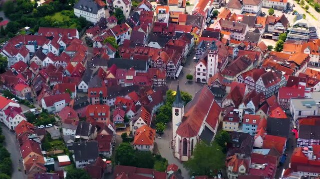 A panoramic aerial view beside the old town city Mosbach, 74821 in Baden-W&uuml;rttemberg in Germany on a sunny spring day