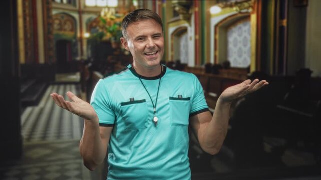 Man referee wearing turquoise shirt and whistle shrugs palms up showing hands and smiles in ornate church building; bemused acceptance.
