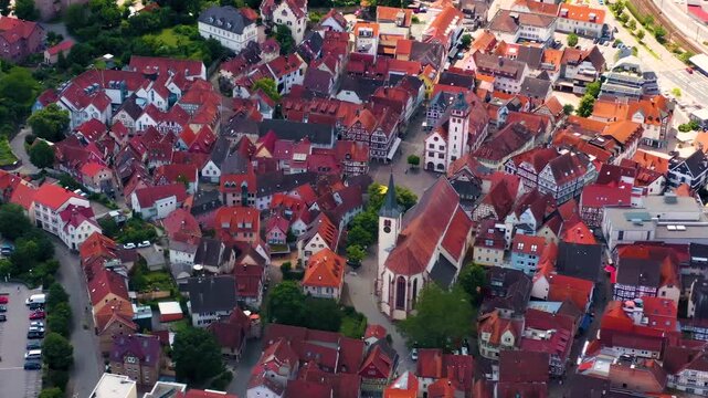 A panoramic aerial view beside the old town city Mosbach, 74821 in Baden-W&uuml;rttemberg in Germany on a sunny spring day