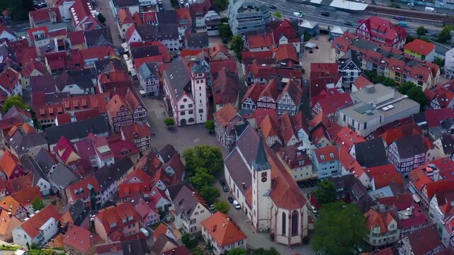 A panoramic aerial view beside the old town city Mosbach, 74821 in Baden-W&uuml;rttemberg in Germany on a sunny spring day