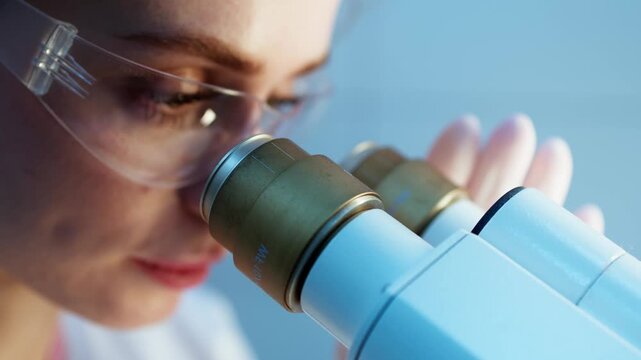 Scientist examining samples under microscope in bright modern laboratory. Concept biomedical research, laboratory diagnostics and virology including coronavirus (COVID-19) and hantavirus studies.
