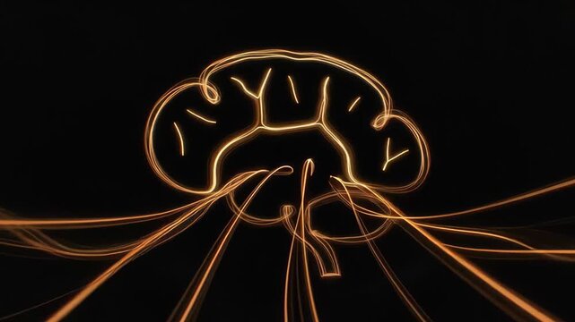 Abstract glowing brain shape formed by golden light lines on black background, concept of creativity and intelligence