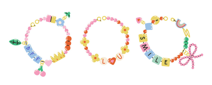 Y2K funky friendship bracelets set. Handmade beaded jewelry with letters, stars, hearts, and bow. Colorful nostalgic DIY accessories in retro style.