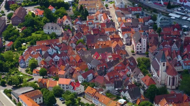 A panoramic aerial view beside the old town city Mosbach, 74821 in Baden-W&uuml;rttemberg in Germany on a sunny spring day