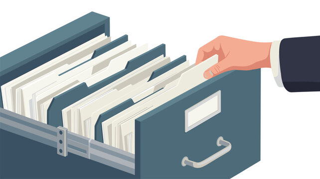 A hand wearing a dark suit jacket sleeve reaches into an open blue metal filing cabinet to select a specific document folder in a professional office setting.